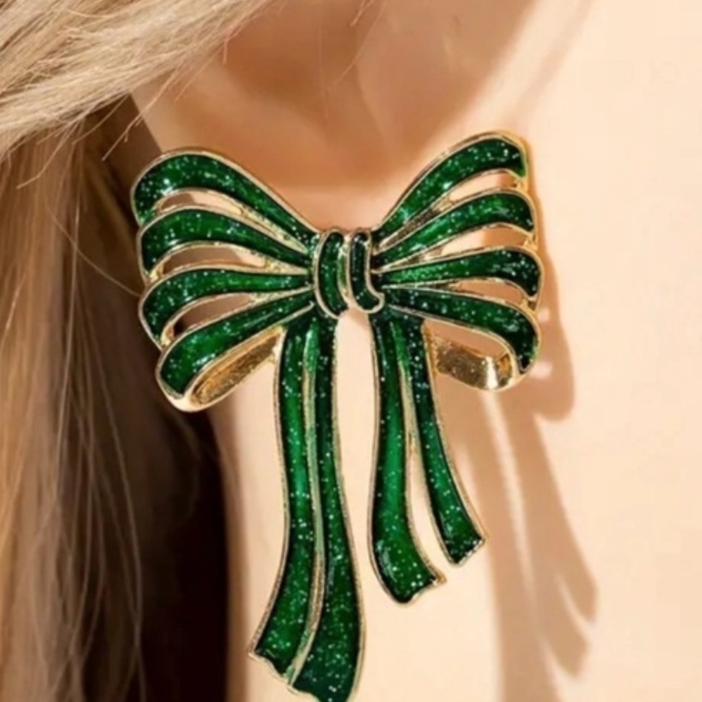 Green and Gold Bow Ribbon Statement Stud Earrings New Long - Picture 2 of 2